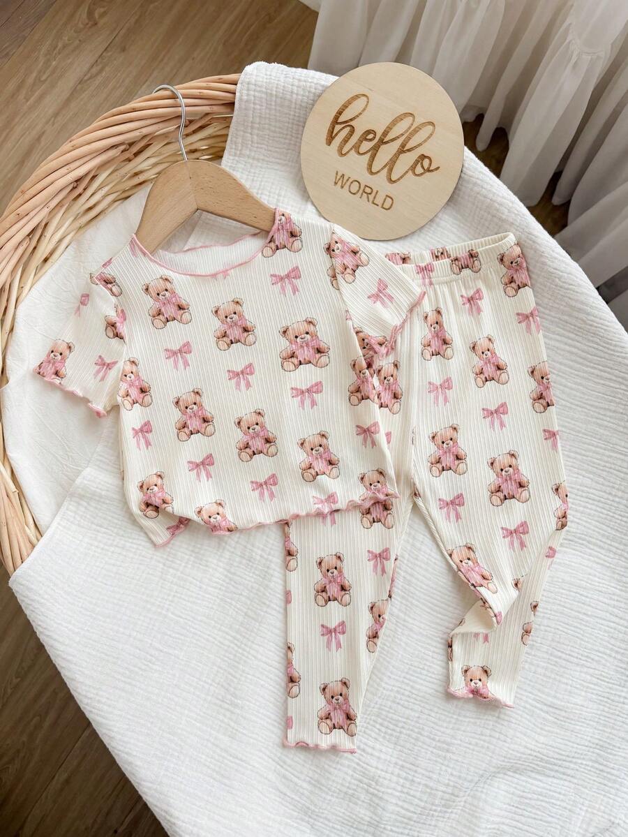 Baby Girl Cartoon Pattern Ruffle Trim Round Neck Short Sleeve Top And Pants Soft Comfy Pajama Set, 2pcs - Baby Pink - View 1