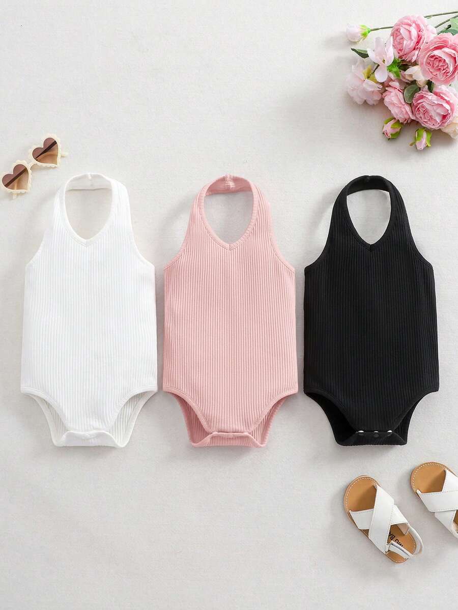 SHEIN 3件套可爱纯色针织吊带连体衣,女婴夏季款 - 彩色 - 查看 1