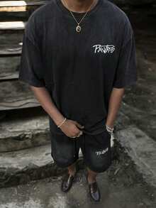 PAVTROS Men's Casual Letter Print Ombre T-Shirt And Shorts Set, Summer - Black - View 3