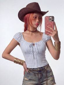 Rina Fox Áo sơ mi mùa hè dáng ôm, kẻ sọc, buộc dây phía trước, cài cúc. - Xanh và trắng - Xem 5