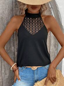 Breezaya 女士无袖纯色简约风春夏度假风背心，印花T恤，女士上衣 - 黑色 - 查看 4