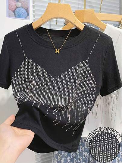 Resyla 女士上衣，钻石压纹，星空亮片高腰修身短款时尚圆领短袖性感T恤，2026夏季新款女式T恤，女友闺蜜送的礼物