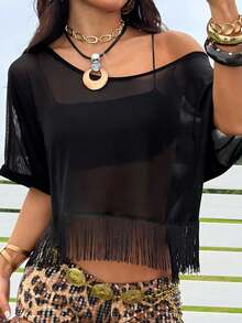 SHEIN EZwear Áo lưới tua rua thời trang nhiều màu sắc dành cho nữ - màu đen - Xem 4
