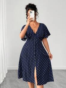 Elenzga Große Größen Kleid mit Polka Punkt Muster, V-Ausschnitt und Kurzarm - marineblau - Übersicht 1
