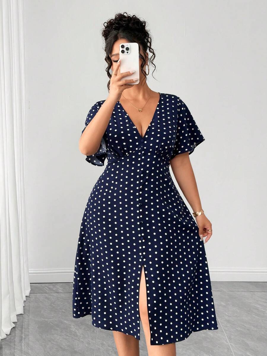 Elenzga Große Größen Kleid mit Polka Punkt Muster, V-Ausschnitt und Kurzarm - marineblau - Übersicht 1