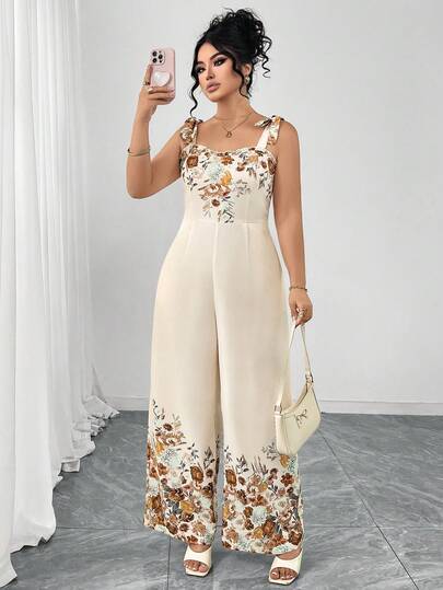 SHEIN Elenzya Mono de pierna ancha con estampado de volantes, elegante y cómodo, de talla grande para mujer