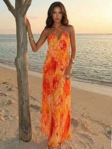 Aloruh 新款春夏露背吊带褶皱印花连衣裙，优雅性感度假风，适合婚礼宾客、海滩度假等场合，橙色印花连衣裙，黄色印花连衣裙，女士夏季连衣裙，女士夏季沙滩连衣裙，女士夏季穿搭 - 橘色 - 查看 6