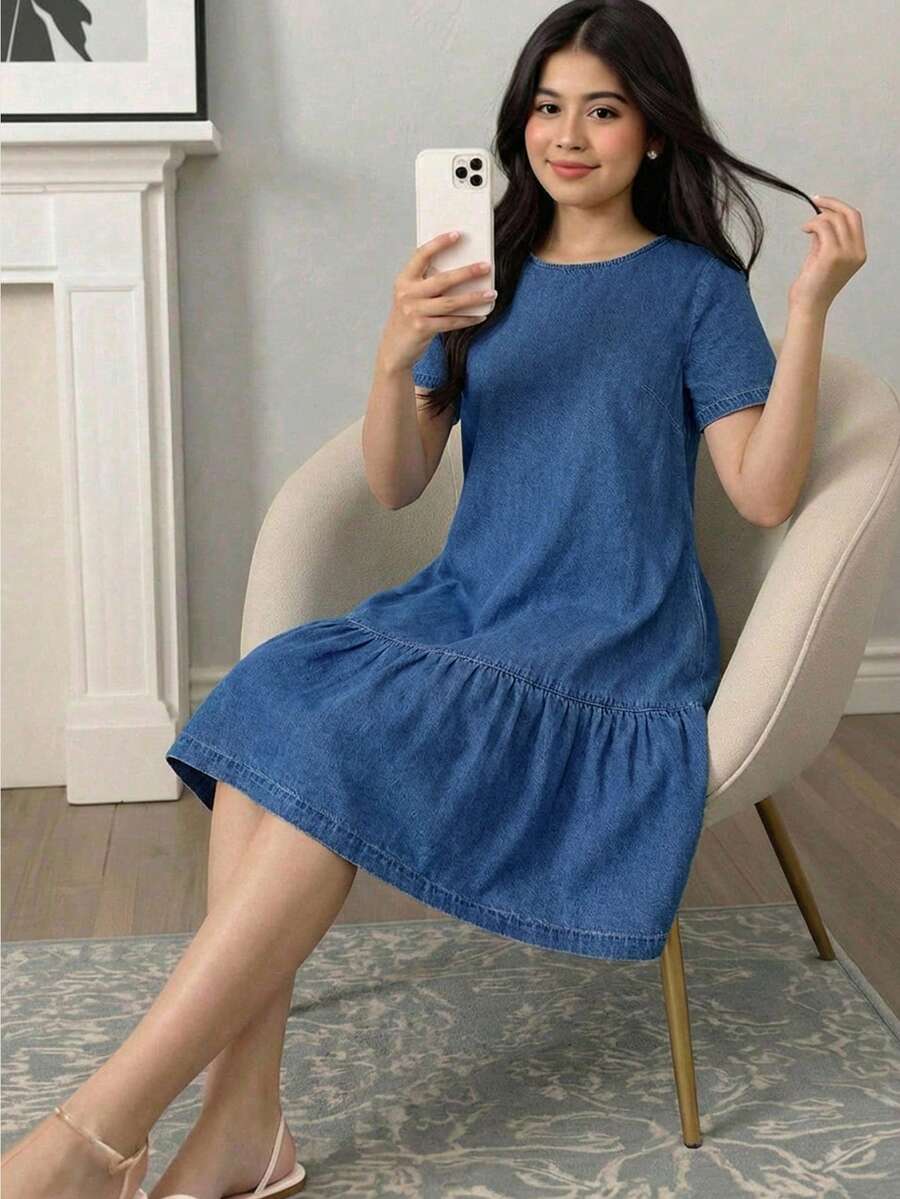 SHEIN Đầm denim xanh dáng rộng có dây rút dành cho thiếu nữ - Rửa tối - Xem 1