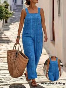 EMERY ROSE Plus Size Women Loose Elegant Plaid Dual Pocket Casual Jumpsuit With Suspenders - Navy Blue - View 1