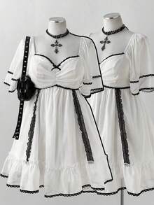 Sunspun Vestido de manga corta con dobladillo acampanado, encaje y tela de organza francesa, estilo dulce, talla grande - Blanco - Ver 8