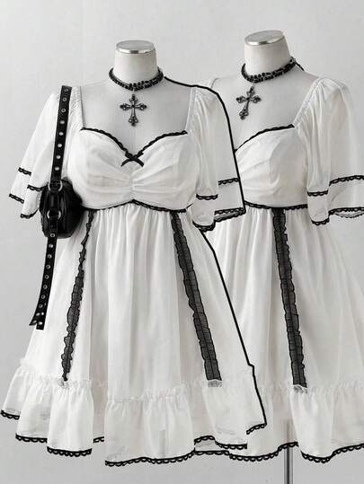 Sunspun Plus Size French Organza Fabric Lace Trim Flared Hem Short Sleeve Dress, Sweet Style