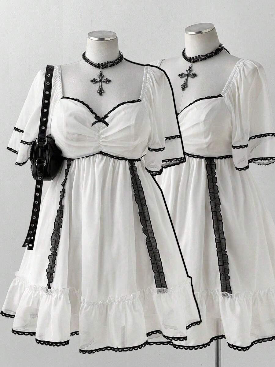 Sunspun 加大码法式欧根纱蕾丝边喇叭下摆短袖连衣裙，甜美风格 - 白色 - 查看 1