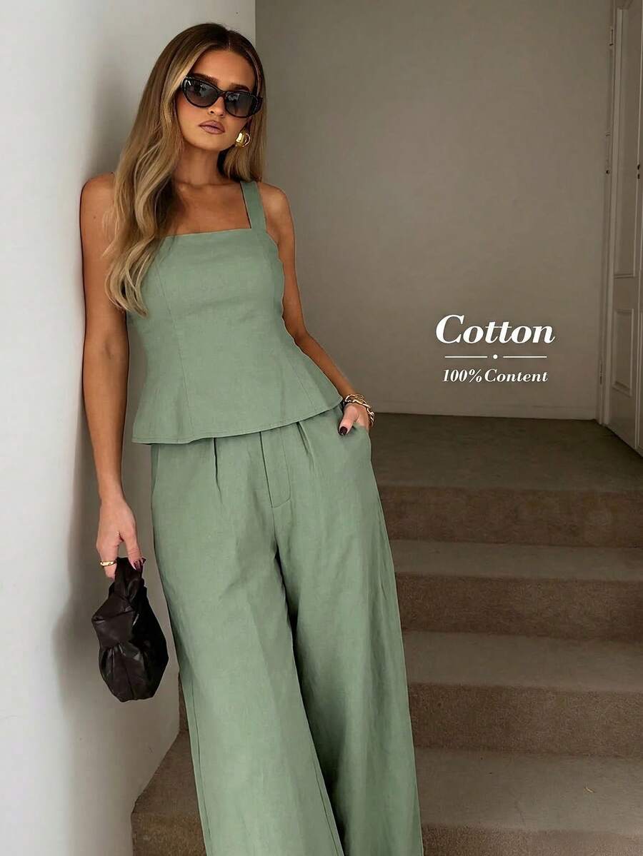 Easowa 女士纯色吊带背心和阔腿裤休闲两件套情人节服装纯白色背心连衣裙休闲宽松复古风服装白色亚麻裤套装奶油色两件套亚麻两件套套装夏季棉质两件套春季服装,休闲服饰 - 綠色 - 查看 1
