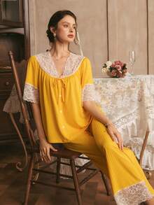 Conjunto de pijama holgado con cuello en V y ribete de encaje de color contrastante, elegante y romántico para mujer - Amarillo - Ver 1