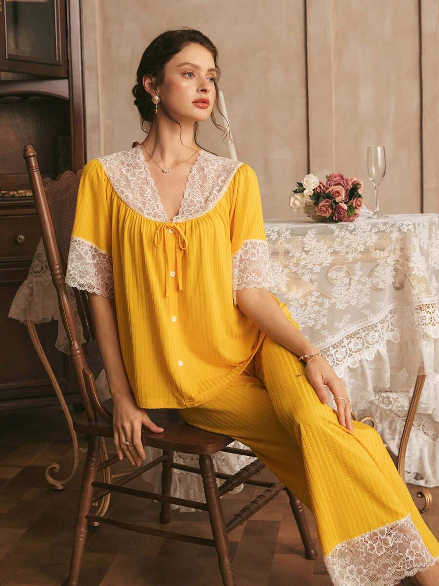 Conjunto de pijama holgado con cuello en V y ribete de encaje de color contrastante, elegante y romántico para mujer - Amarillo - Ver 1