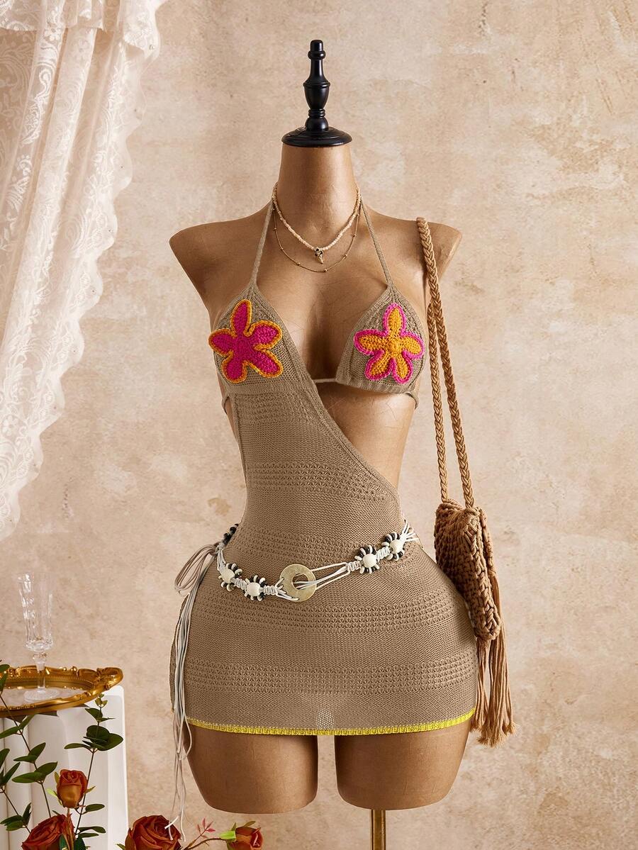 Bellisia Women's Floral Applique Hollow Out Neck Tie Dress Cover Up - Khaki - View 1