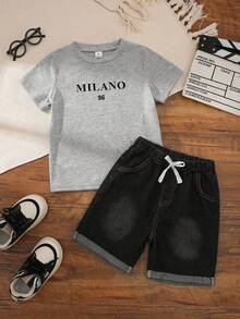 SHEIN Little Byeori 2pcs/Set Kids Boys Casual Versatile Comfortable Letter Print Pattern Crew Neck Loose Pullover Short Sleeve T-Shirt And Denim Shorts Set - Black - View 3
