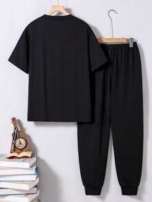 Vacaura 2pcs/Set Teen Boy Black T-Shirt And Knit Pants, Suitable For Spring/Summer, Outings, School, Photography, Sports Various Occasions - Black - View 2