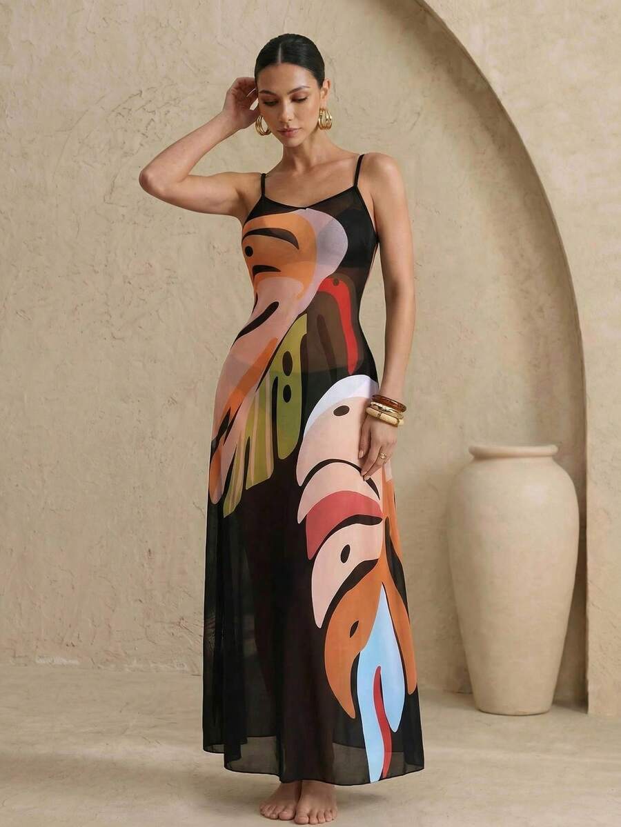 EMERY ROSE Summer Outfits For Women Summer Women's Tropical Plant Print Beach Cover-Up With Adjustable Straps - Multicolor - View 1