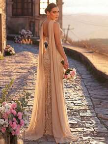 Glamrae Elegante y lujoso vestido largo de sirena con hombro descubierto, bordado con encaje y perlas, adecuado para bodas, fiestas, vacaciones, bailes y ocasiones formales (resistente) - Albaricoque - Ver 3