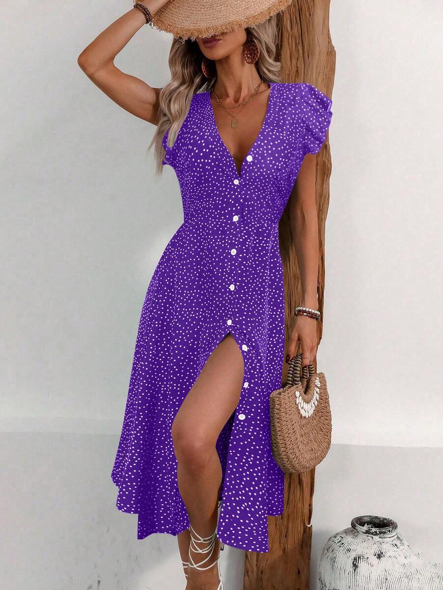 EMERY ROSE 女士时尚V领系带腰身开衩下摆夏季度假连衣裙，新年服装，长款度假沙滩装 - Bold Plum - 查看 1