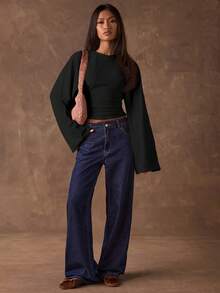 SHEIN BAE 女士春季简约纯色收腰喇叭袖上衣 - 黑色 - 查看 3