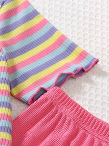 2 pièces Top rayé coloré décontracté pour jeunes filles assorti avec un pantalon large rose, Top assorti avec des fleurs 3D violettes. Convient pour le port quotidien, le parc, les voyages, la rentrée scolaire - Rose vif - Voir 9