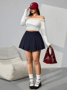 SHEIN EZwear 大码海军蓝白条纹迷你百褶裙，休闲百搭，适合返校季及春秋季穿着，修身剪裁 - 藏蓝色 - 查看 6