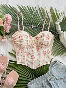 SHEIN Tall CURVE Women's Plus Size Tall Floral Print Camisole,Pastel Pink Summer Curve Tank Top,Asymmetric Hem Elegant Vest For Party,Vacation,Holiday & Carnival - Pink - View 5