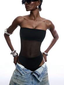 LYSMO Women's Solid Color Mesh Splice Bodysuit, Sexy Sleeveless Form-Fitting - Black - View 6