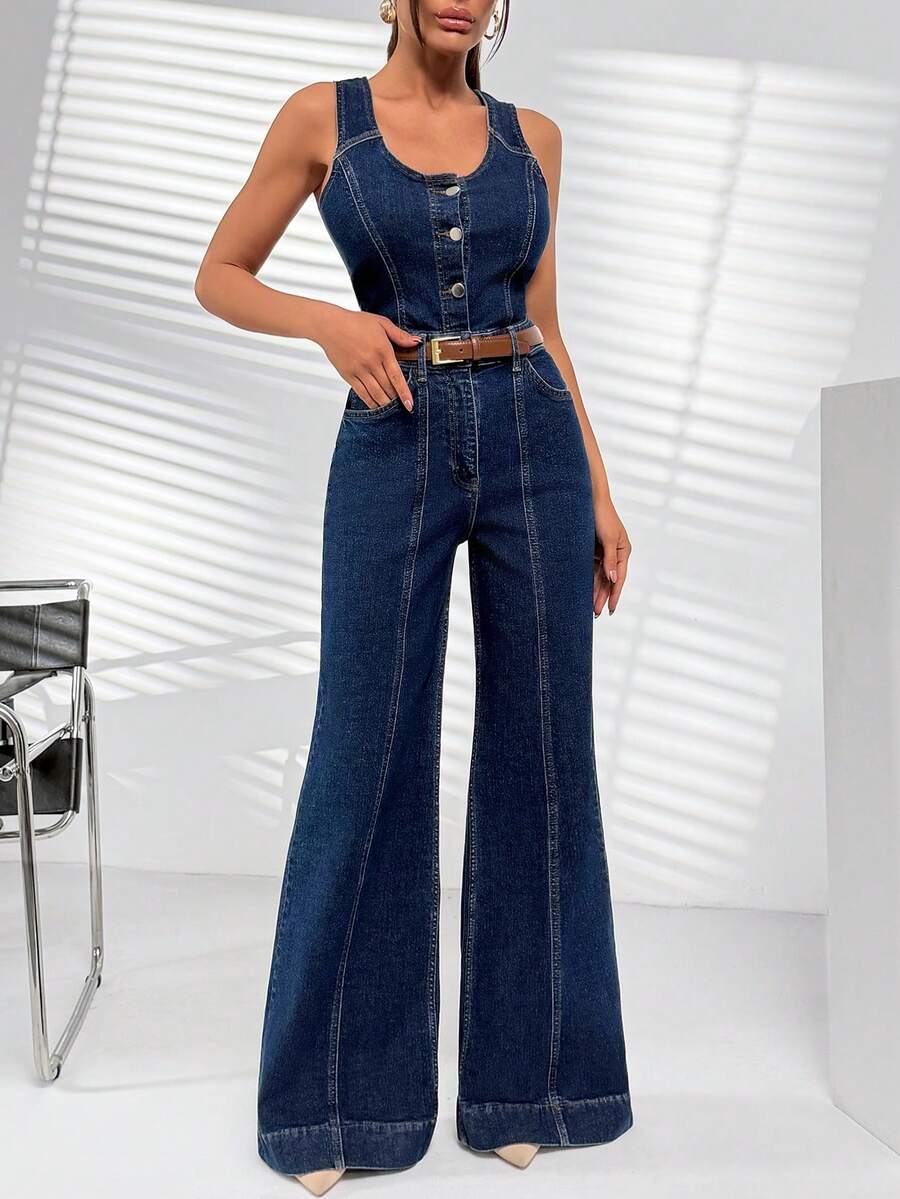 SHEIN Women Wide Leg Front Button Washed Fashionable Overall Denim Long Jumpsuit - Light Wash - View 1