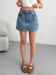 SHEIN Woman High Waist Denim Mini Casual Washed Blue Skirt Button Front - Light Wash - View 2