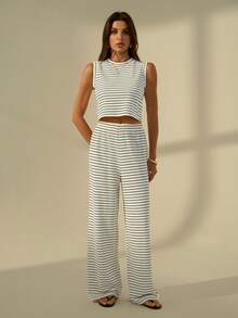 SHEIN Tall Bộ đồ nữ 2 món gồm áo tank top và quần dài kẻ sọc, kiểu dáng thường ngày. - Đen và trắng - Xem 2