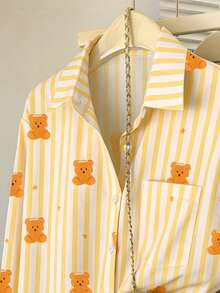 INAWLY Women's Casual Striped Bear Print Shirt - Yellow - View 3