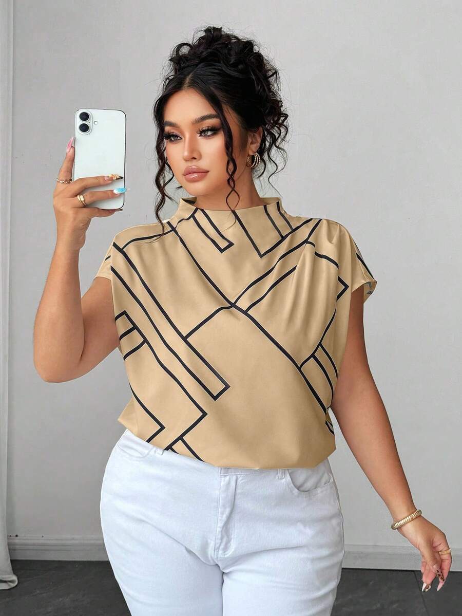 Elenzga 大码女式夏季几何不对称条纹度假风立领无袖褶皱肩部宽松休闲衬衫 - 杏色 - 查看 1