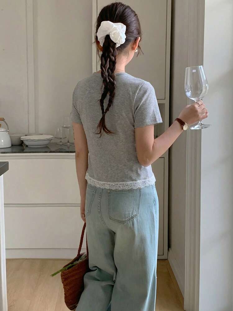 Women's 2 In 1 Lace Patchwork Round Neck Short Sleeve T-Shirt