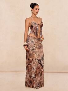 Lumalex Bộ đồ hai mảnh gợi cảm dành cho nữ: áo crop top hở lưng buộc dây phía trước và chân váy đuôi cá, họa tiết da báo, phong cách đi biển/nghỉ dưỡng. - Rỉ Nâu - Xem 12