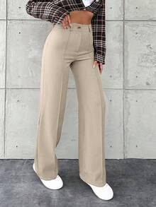 EURMUSE Women's Solid Color Button-Front Minimalist Suit Pants, Casual Everyday Wear - Krem - View 6