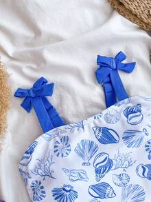 Áo tắm liền thân in hình vỏ sò và ốc xà cừ dành cho bé gái tuổi teen, thích hợp cho kỳ nghỉ biển, tiệc bể bơi, tiệc bãi biển. - Xanh và trắng - Xem 8