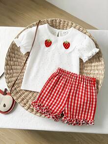 SHEIN Vintaside Kids Baby Girl Summer Casual Countryside Vacation Style Strawberry Applique Ruffle Collar Puff Sleeve Schiffy Top And Gingham Print Frill Hem Shorts Set - Multicolor - View 6