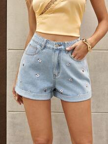 Selenza Quần short denim nữ dáng rộng, thoải mái, có thêu họa tiết, không co giãn. - Rửa nhẹ - Xem 2