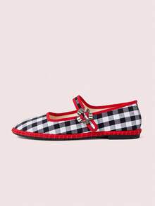 CUCCOO DOLLMOD Women Shoes Classic Black And White Checkered Contrast Edge Single Strap Flats Mary Jane - Black red - View 2