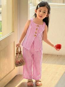 SHEIN Little Byeori Bộ đồ thể thao năng động cho bé gái, phong cách đường phố thường ngày, gồm áo không tay cổ vuông kẻ sọc và quần ống đứng. - Đỏ và trắng - Xem 5