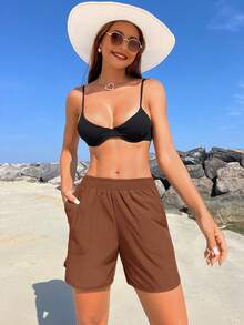 Swim Vcay Women's Solid Color Elastic Waist Pocket Beach Shorts - Brown - View 5