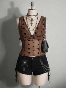 SHEIN ICON Y2k Women's Brown Going Out Sexy Vacation Holiday Gown For Prom Night Club Concert Coachella Gyaru Polka Dot Print Mesh Sexy Fitted Camisole,Summer - Black - View 2