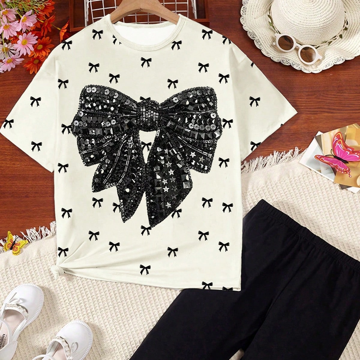 Conjunto de leggings y blusa de manga corta con lazo digital para niñas preadolescentes, informal y cómodo para primavera/verano, moda, adecuado par