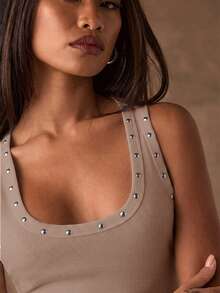 SHEIN BAE Women's Solid Color U-Neck Sleeveless Ribbed Fitted Tank Top - Brown - View 6