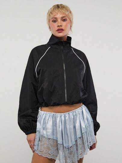 COUREZ High Neck Cropped Track Jacket In Nylon  With Piping Detail /Y2K Spring Clothes For Women Lightweight Black Jackets For Women Sporty Jackets Summer Festival Outfits Summer Jackets Summer Outfits
