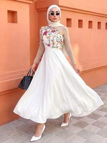 Elenzga Vestido largo con escote asimétrico de estilo francés elegante, borde acampanado, bordado de malla, para uso versátil diario, primavera/verano - Albaricoque - Ver 5