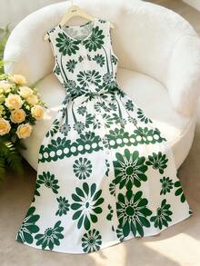 GlowEve Women's Vacation Style Placement Print Round Neck Sleeveless Waist Tie A-Line Dress - Multicolor - View 6